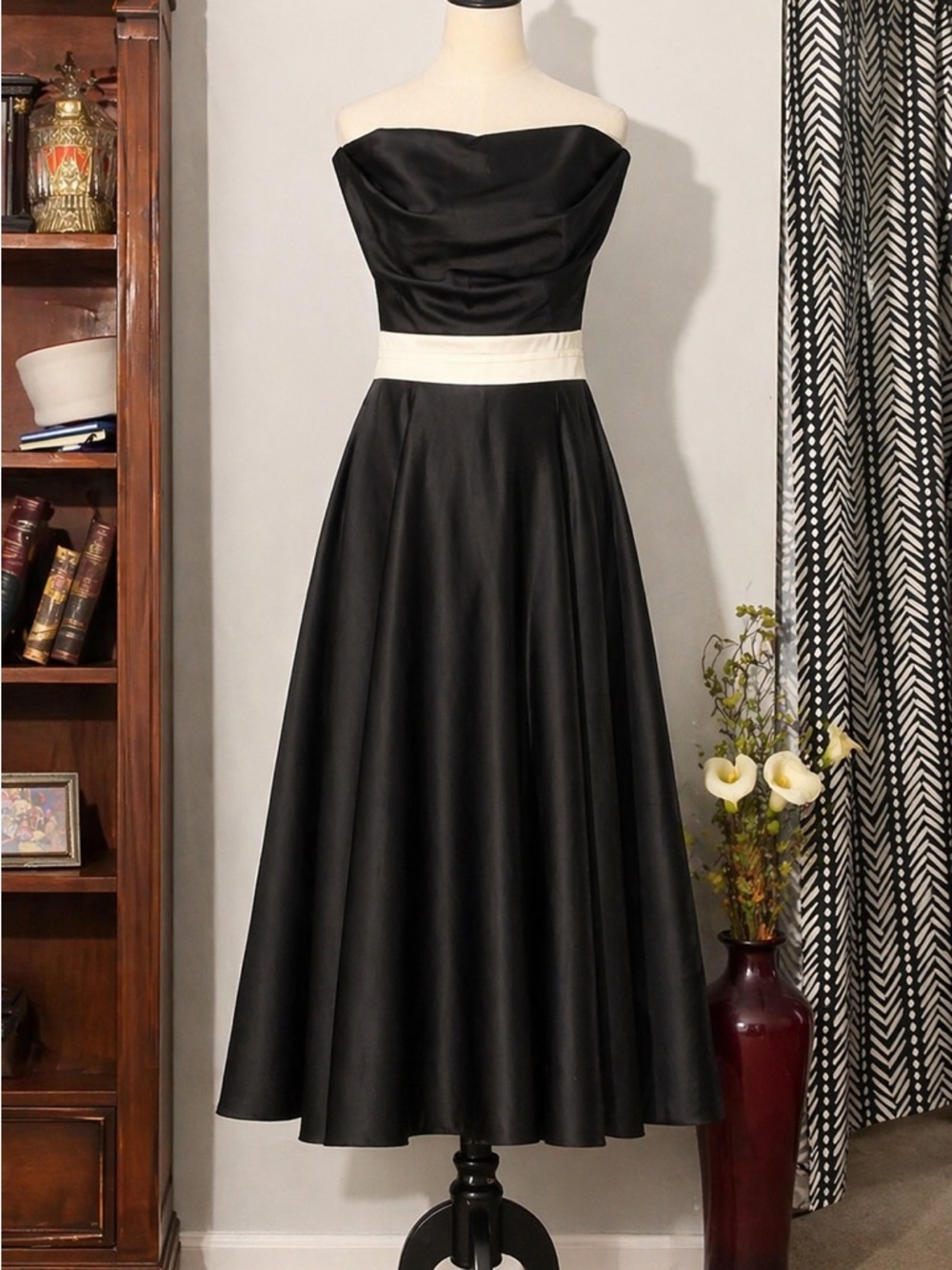 Bari Jay Black Strapless Dress with Ivory Waistband